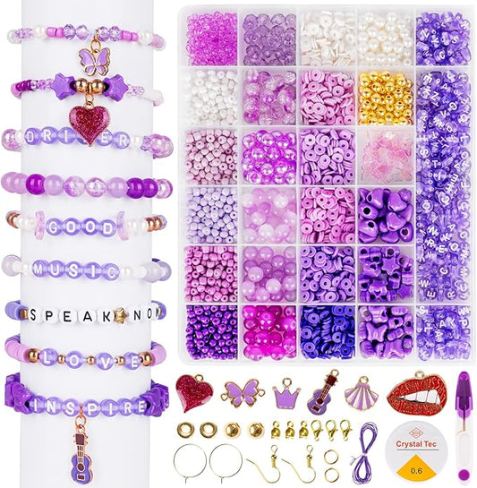 Goldwise Jewelry Making Bead Kit for Adults – Purple Glass & Clay Beads with Letter Beads and Charms, DIY Bracelets & Fashion Accessories Supplies