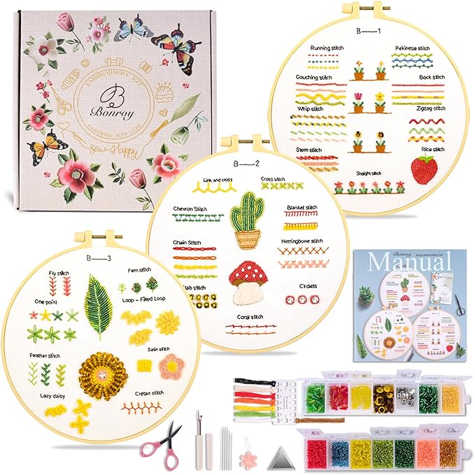 bonroy bead embroidery kit for adults beginners, learn to embroider 26 stitches, stitches kit, bead embroidery kit, beginner embroidery practice with step-by-step guide & video