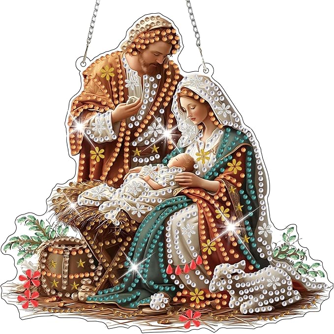 HEIBAGO Nativity Scene Diamond Art Hanging Kits for Adults Kids, 5D Special Shaped Crystal Diamond Painting Kit, DIY Pattern Window Pendant Gem Art Kit for Home Wall Decor 8.3 x 8.3 Inch