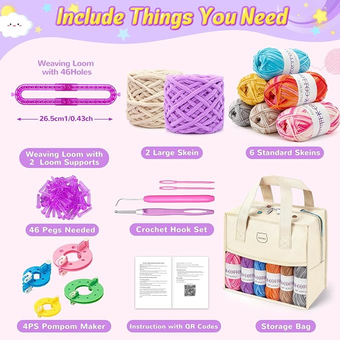 MIAOKE Weaving Loom Kit for Scarf with Pompom Maker, Long Knitting Loom Includes Storage Bag, Binding Needles, Yarn and Crochet Hooks, for Making Hats,Gloves and Blanket,DIY Craft Kit for Beginners