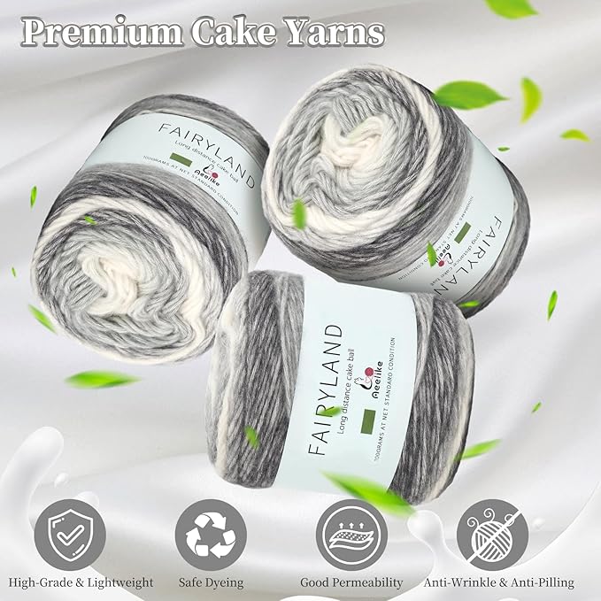 Aeelike Gradient Yarn for Crocheting, 6 Skeins Cake Yarns Fairyland Yarn 100g (3.52 oz) 245m (267 Yards) # 3 Light Weight - Super Soft Ombré Yarns for Making Colorful Crafts, Grey White Gradient