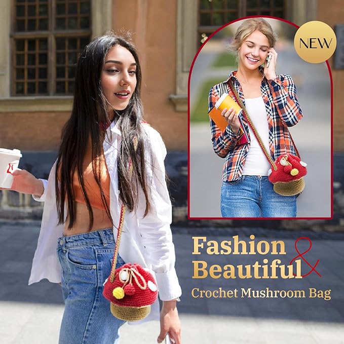 SGIBYN Crochet Kit for Beginners with Step-by-Step Video Tutorials – DIY Mushroom Crossbody Purse Bag, Crochet Bag Kit for Women, Knitting Kit, Handcraft Kit