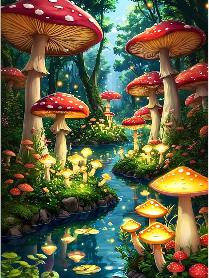 Camocin Diamond Art Kits for Adults Mushroom, 5D Stream Diamond Painting Kits for Adults Beginners, DIY Forest Full Round Dots Drill Gem Art Kit for Gift Home Wall Decor 12 x 16 Inch