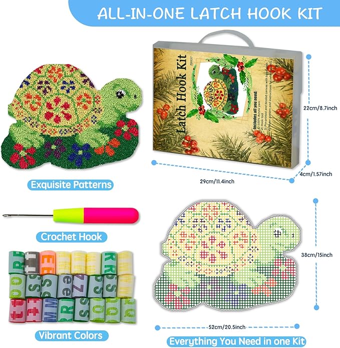 Latch Hook Kit for Adults Beginners Turtle DIY Rug Making Kits with Color Preprinted Canvas, Crafts Needlework Arts for Home Decoration Festival Gift 20X15inch