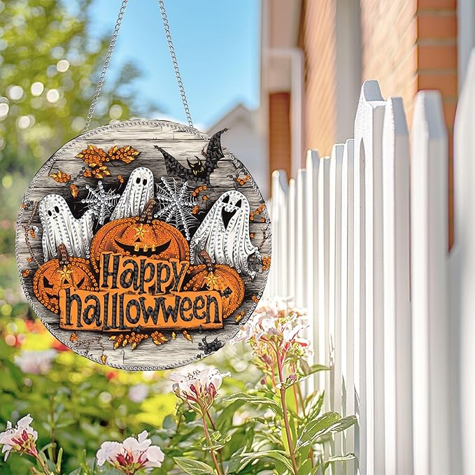 Wergund 5D DIY Halloween Diamond Art Hanging Kits, Hanging Diamond Art Ghost, Acrylic Special Shaped Rhinestone, Window Hanging Pendants for Home Wall Garden Front Door Outdoor Decor Gift(Halloween)