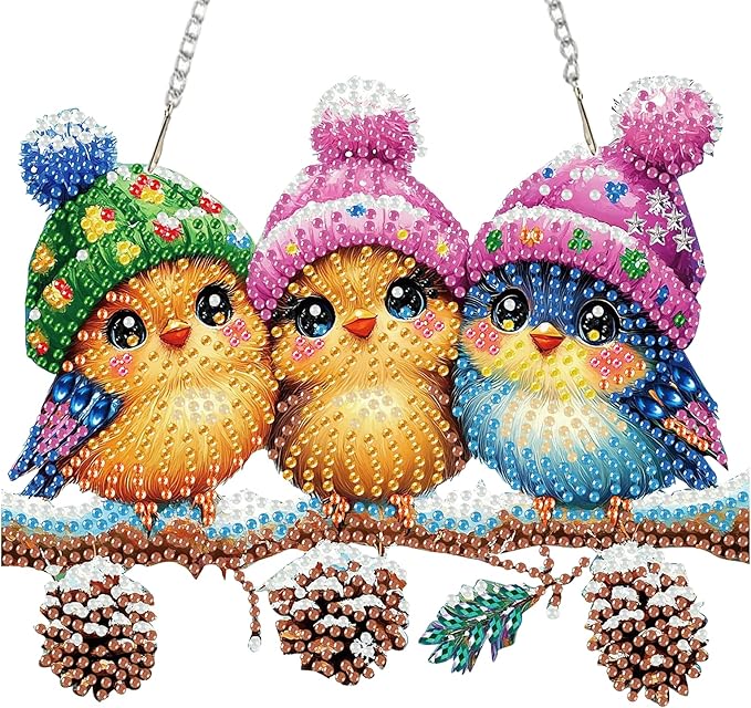 Miwixy Christmas Hanging Diamond Art Kits for Adults,Cute Birds Winter Special Shaped Crystal Christmas Diamond Painting Ornament Kit DIY Double-Sided Pattern Window Pendant Gem Art Home Wall Decor