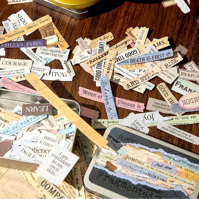 Vintage Fragmented Label Stickers, 400 PCS Washi Ephemera for Scrapbooking, Journaling, Crafting, DIY Projects, Diaries, and Art Supplies - 2 Iron Boxes Included