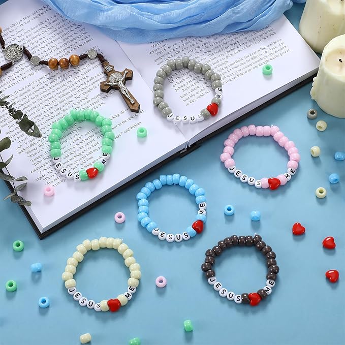 Ferreve 35 Sets Easter Morandi Religious Bead Wristband Craft Kit Jesus Love Me Faith DIY Bead Craft Kit Letter Charms for VBS Week Sunday School Christian Bible Verse Gifts Making