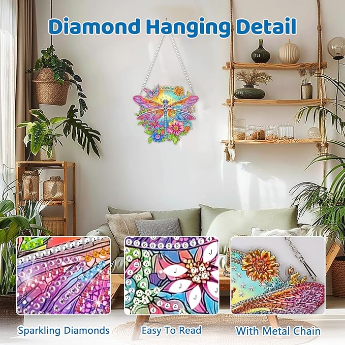 MEIYUDA Dragonfly Diamond Painting Pendant Kits, DIY Flowers Diamond Art Window Hanging Ornament for Adults, 5D Special Shape Rhinestone Pendant for Home Decoration
