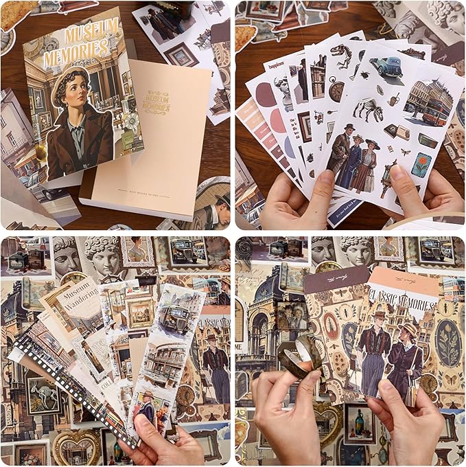 scrapbook supplies kit, vintage junk journaling supplies, scrapbooking kit with aesthetic stuff, stationary set, diy journal accessories, ephemera collage craft supplies gift for adults women beginner