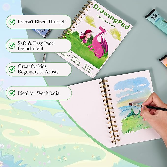 2-Pack Elvendreth Drawing Paper Pad, 5x7.5 Inch, 140lb/300gsm No Bleed-Through Watercolor Paper, Spiral-Bound/Tear-Line, 30 Sheets for Adults, Kids, Artists -Watercolor Book, Exercises & Mixed Media