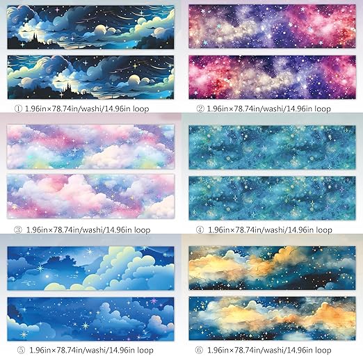 6 Rolls of Cloud Washi Tape Stickers Sets for Junk Journal Supplies, Star Themed Journal Stickers for Scrapbooking, Journaling,Planer (Rainbow)