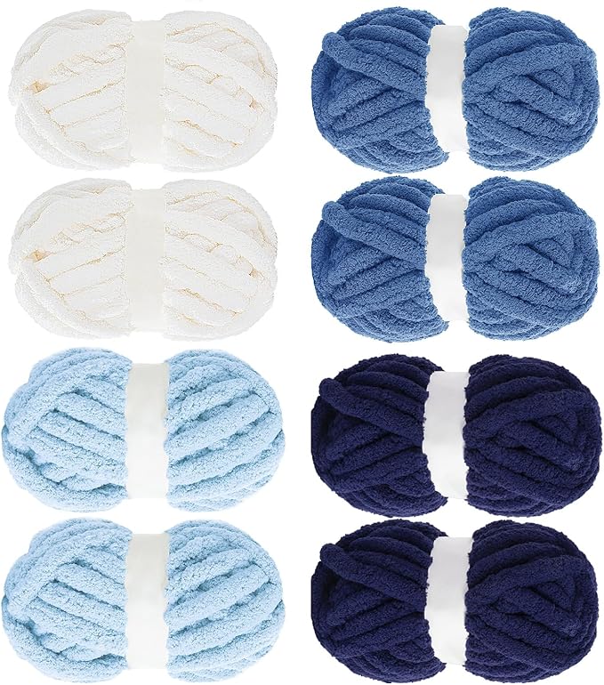 MABOZOO Assorted Chunky Yarn for Crocheting 8 Pack,Fluffy Jumbo Chenille Yarn,Soft Plush Yarn Bulky,Giant Thick Fuzzy Yarn for Hand or Arm Knitting,Cream & Multi Blue(31.7 yds,8 oz Each Skein)
