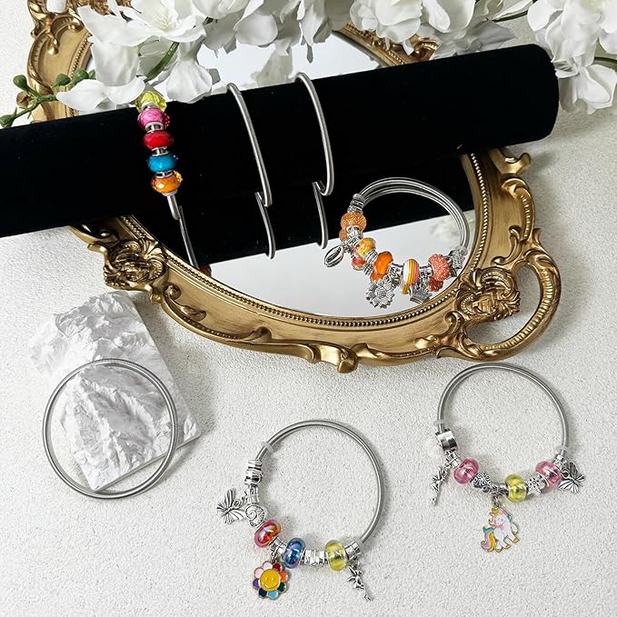 Exway 10 Pcs Expandable Charm Bangle Bracelets Sliver Charm Bracelets Adjustable Spring Bracelet Kit for Crafts DIY Women Jewelry Making
