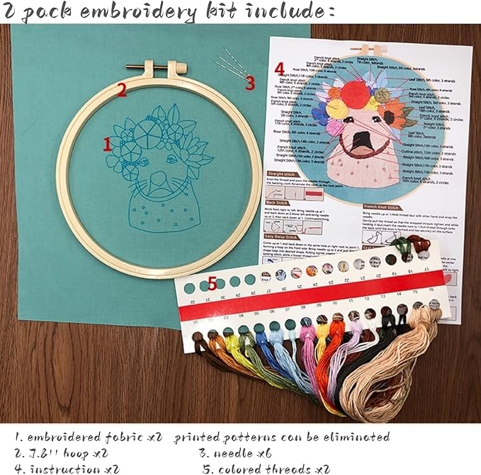 2 Pack Embroidery Kit for Beginners, Pet and Floral Patterns, Learn Different Stitches with Hand Embroidery Kit, 7.8' Hoop, Colored Threads and Needles, Gift for Adults Teens and Dog Cat Lovers (Cat)
