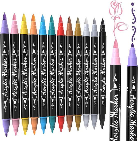 12 Colors Acrylic Paint Markers - Waterproof Dual Tip Acrylic Paint Pens with Brush & Fine Tip Professional Marker Set Scrapbook Markers for Paper Rock Wood Fabric Glass Ceramic and DIY Crafts