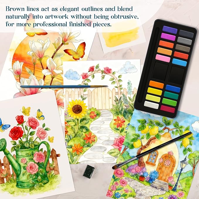 Elfew Flower & Landscape Watercolor Workbook, Watercolor Coloring Books for Adults & Beginners, 20 Pattern with 160gsm No-Bleed Cold-Pressed Paper（No Paints Included）