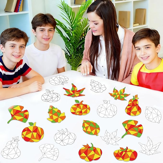 Qyeahkj 30Pcs Thanksgiving Pumpkin Fall Suncatchers Craft Kit DIY Coloring Maple Leaves Art Craft Autumn Window Cling Sticker Window Ornaments Decor Gift for Activities