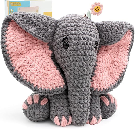 codgp crochet kit for beginners,13in crochet animal kit elephant,crochet starter kit gift for adults kids with yarn sets,amigurumi crochet kit with step-by-step video tutorials