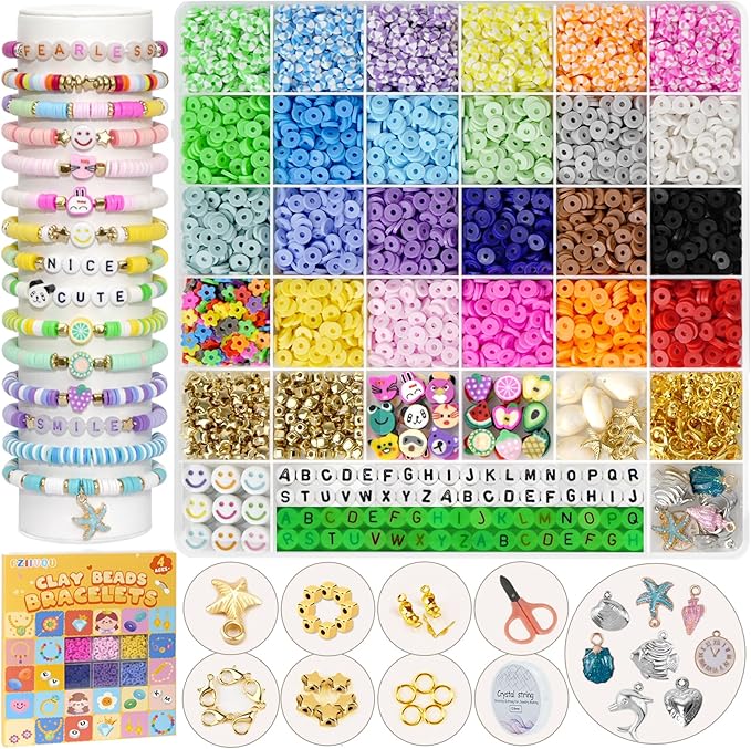 FZIIVQU 6100Pcs Clay Beads Bracelet Making Kit 24 Colors Friendship Bracelet Beads Kit with Preppy Polymer Bead for Jewelry Making Charms Gifts for Teen Girls Ages 6-12