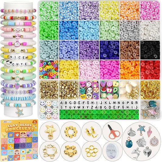 FZIIVQU 6100Pcs Clay Beads Bracelet Making Kit 24 Colors Friendship Bracelet Beads Kit with Preppy Polymer Bead for Jewelry Making Charms Gifts for Teen Girls Ages 6-12