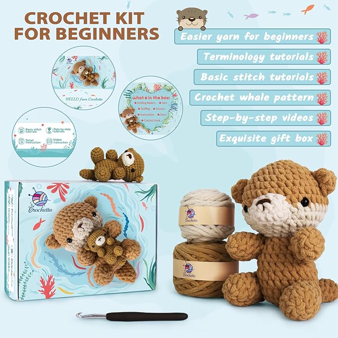 Crochetta Crochet Kit for Beginners, Crochet Starter Kit w Step-by-Step Video Tutorials, Beginner Crochet Kit for Adults Kids Women Men Complete Kit Included (Otter Mom and Baby)