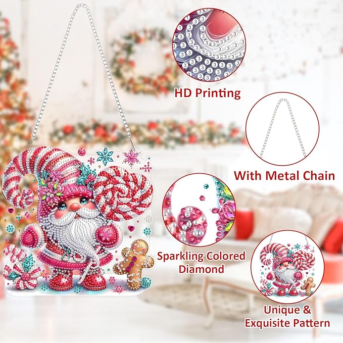 SENQAO Gnome Diamond Art Hanging Kits for Adults Kids, Christmas Diamond Art Suncatchers, 5D Special Shape Diamond Painting Pendant Window Ornament Gifts for Home Garden Door Wall Decor