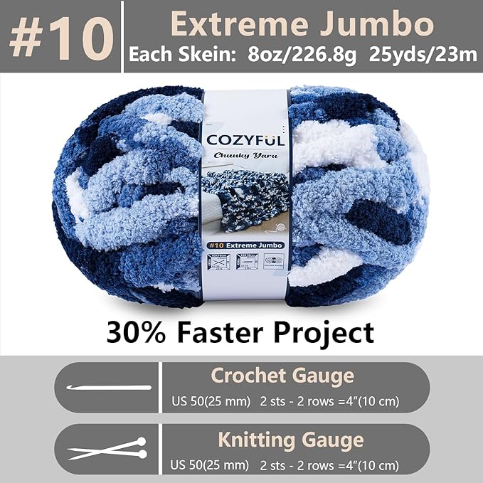 Chunky Yarn for Hand Knitting - #10 Chunky Chenille Blanket Yarn, Jumbo Big Thick Chunky Yarns for Crocheting, Tie Dye Bulky Knit Yarns, 8 Skein (25 yds 8 oz Each Skein), Multi Blue & White