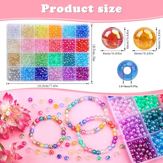 BONNY BOXX 1440Pcs 6mm Transparent AB Acrylic Round Beads, 24 Colors Assorted Plastic Bubble Gum Beads with Hole Loose Spacer Beads Bulk for Bracelets Necklace Jewelry Making DIY Crafts