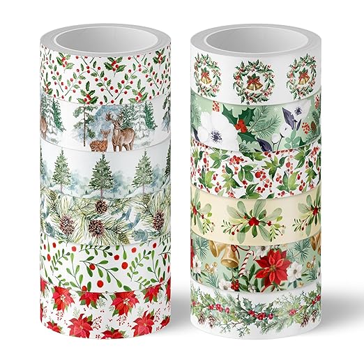Whaline 12 Rolls Christmas Floral Washi Tape Xmas Watercolor Berry Holly Leaves Pine Cones Elk Bell Plants Masking Tape Winter Holiday Decorative Tape for Scrapbook Journal DIY Craft Gift Wrapping