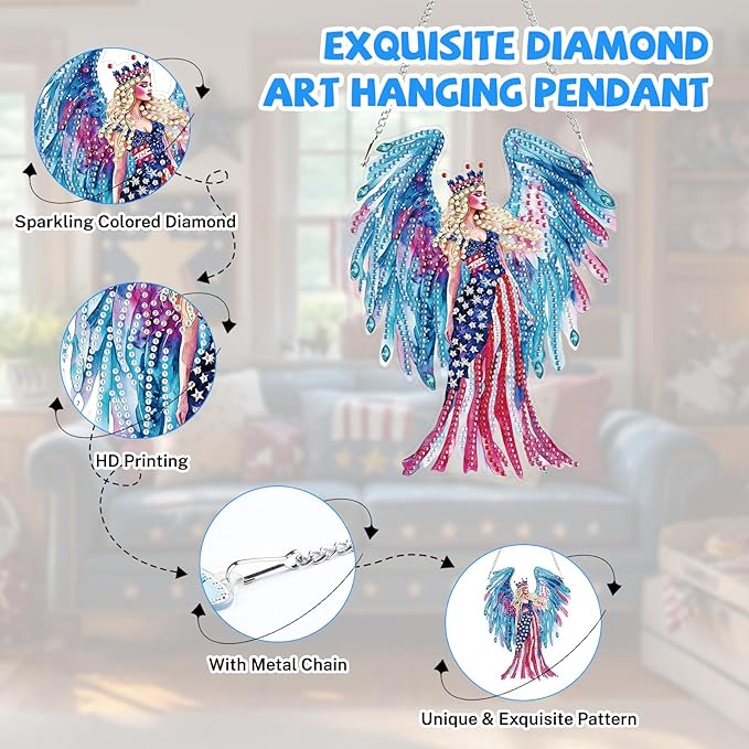 Bowetile Independence Day Fairy 5D Diamond Art Hanging Kits for Adults, 4th of July Diamond Painting USA Window Pendant Kits, Special Shape Gem Art Suncatcher Ornament for Home Garden Wall Decor