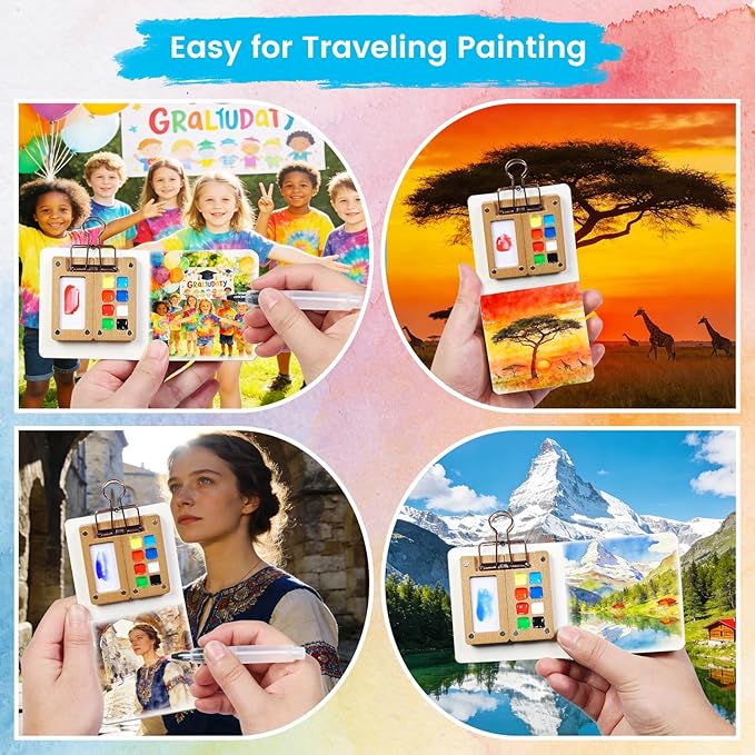 Mini Watercolor Paint Set, Travel Watercolor Paint kit with 12 Colors, Refillable Brush & Sketchbook, Ideal Watercolor Palette for Travel, Creative Painting Kit for Beginners and Artists(8 Gird)