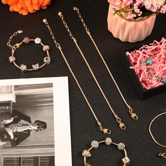 Junkin 12 Pcs Snake Chain Charm Bracelet with Heart Lobster Clasp Extender Adjustable Christmas DIY Metal Bracelet Chain for Women Jewelry Making Gifts Supplies 7.87 Inches