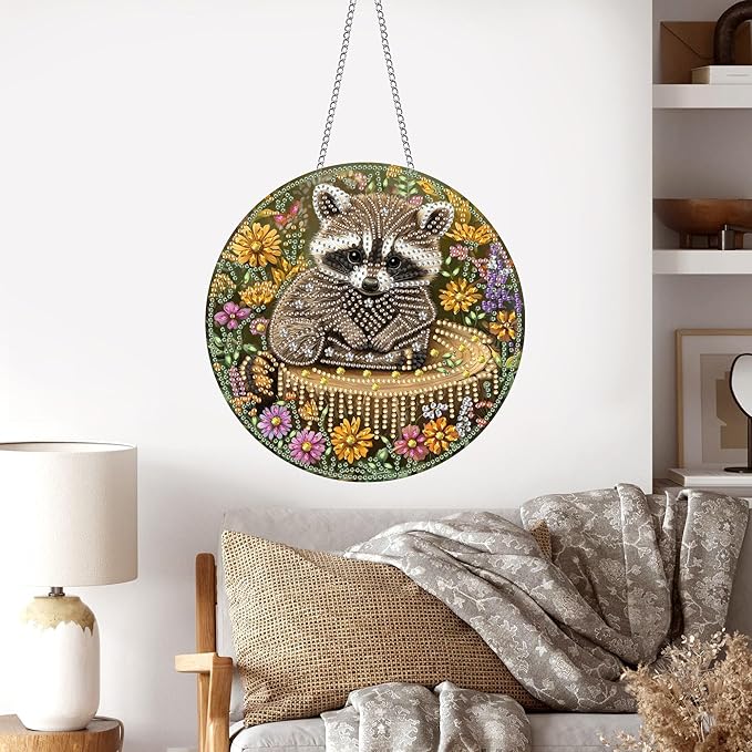 Pavemlo Hanging Diamond Art Kits for Adults Raccoon – 8x8 Inch Double-Sided Acrylic Board DIY Crystal Diamond Suncatcher Pendant, Sparkling Home Wall or Window Decoration Handmade Gift