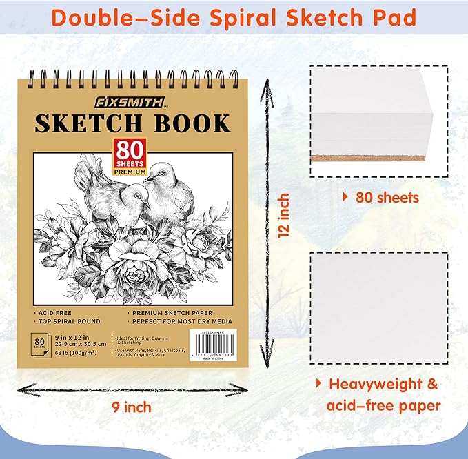 fixsmith 9"x12" sketch book | 80 sheets (68 lb/100gsm) sketchbook | top spiral bound artist sketch pad | acid free drawing pad | ideal for kids, beginners, artists & painters | bright white