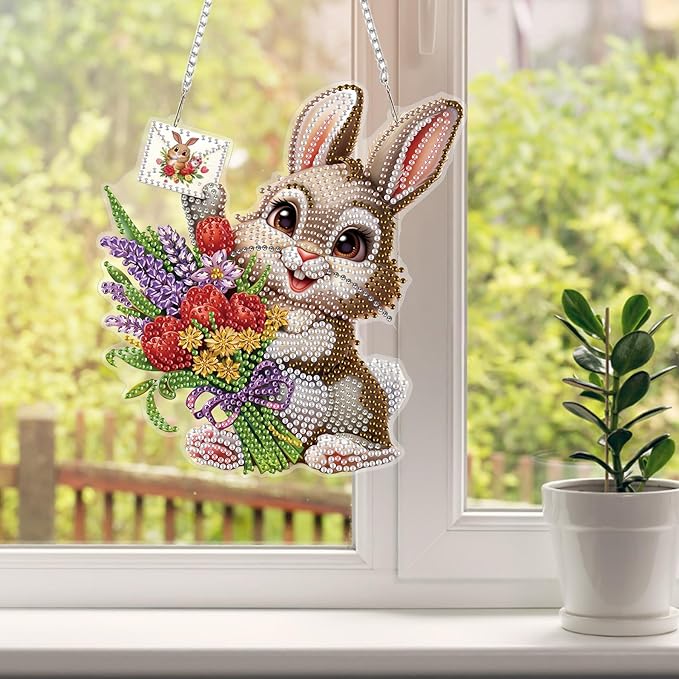 HEIBAGO Easter Bunny Diamond Art Hanging Kits for Adults, Diamond Art Suncatchers Rabbit, 5D Special Shape Diamond Painting Pendant, DIY Window Ornament Gifts for Home Garden Door Wall Decor 8.3x8.3In