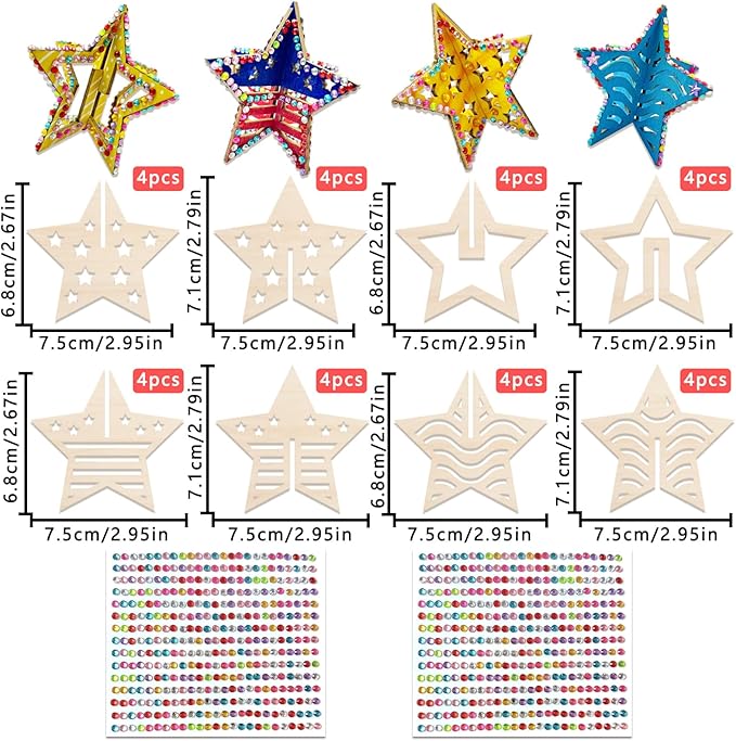 KitsyKraft 32-Piece Wooden 3D Star Crafts Kit – 16 Pair Star-Themed DIY Wooden Blank Ornaments with 2 Diamond Stickers, Unfinished Wood Cutouts for Home Decor or Creative Projects