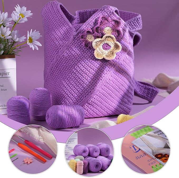 Pnytty Crochet Kit for Beginners, Knitting Kit Complete Starter Set with Yarn, Hook & Step-by-Step Video Tutorials DIY Shoulder Bag Crafting Gift for Adults