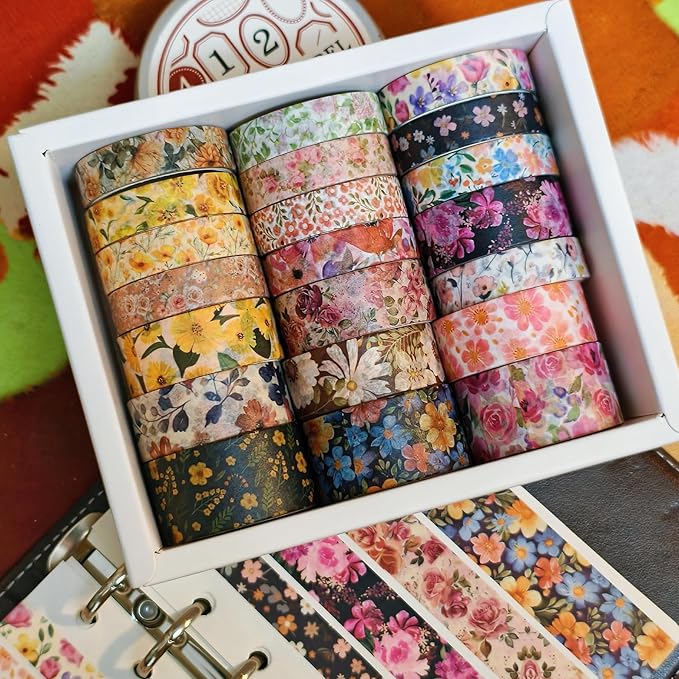 21 Rolls Yellow Floral Washi Tape Set - Retro Sunflower/Daisy/Rose Pattern Decorative Tape for Scrapbooking, Journaling, Junk Journal, Craft Supplies, Romantic Aesthetic Gift for Handmade Lovers