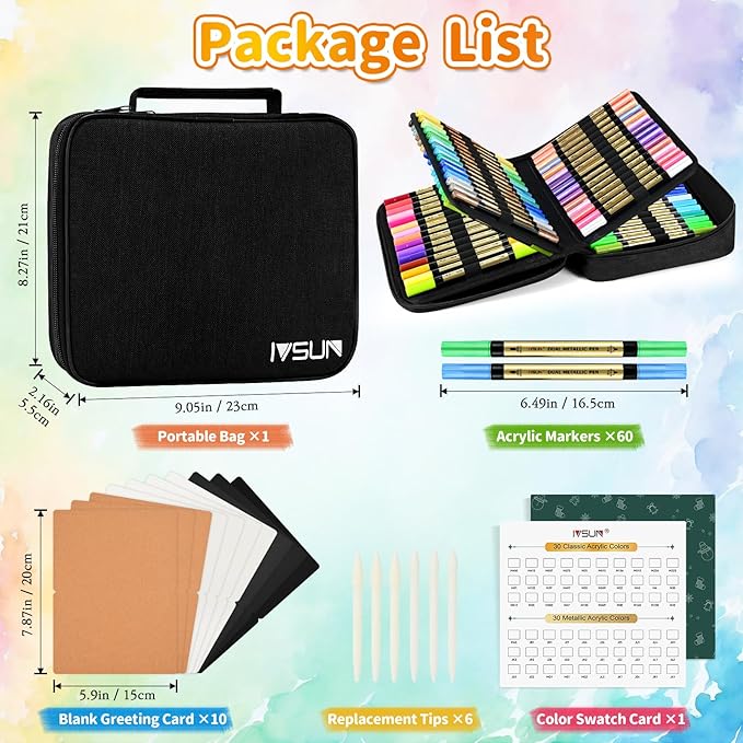 IVSUN Metallic Marker Pens, 30 Metallic & 30 Regular Colors Dual Tip Acrylic Paint Pens for Black Paper, Photo Album, Rock Painting, Wood, Card Making, DIY Crafts, Scrapbook Supplies