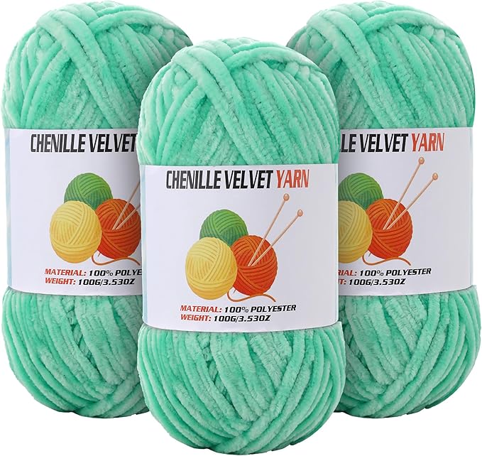 3 * 100g Velvet Chenille Chunky Yarn for Crocheting, Handcrafts Weaving Soft Chenille Yarn for Crocheting Clearance, Used for Making Baby Yarns Blanket, Clothes, Knitting Creations (Cyan Green)