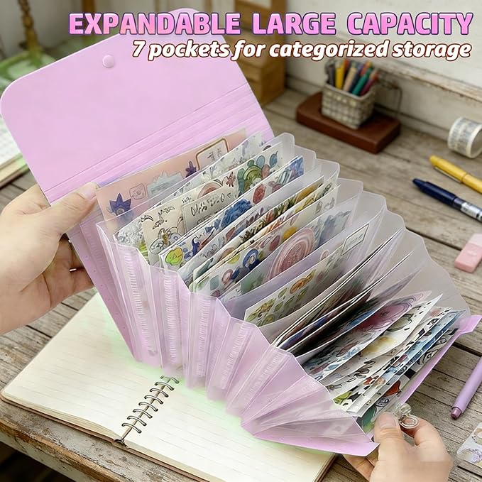 Sticker Storage Organizer with 7 Expandable Pockets, Multi-Layer Desktop Sticker Binder for Scrapbook Essentials and Journal Organizer, Large Capacity for Thick Sticker Album, Washi Tape(Light Purple)
