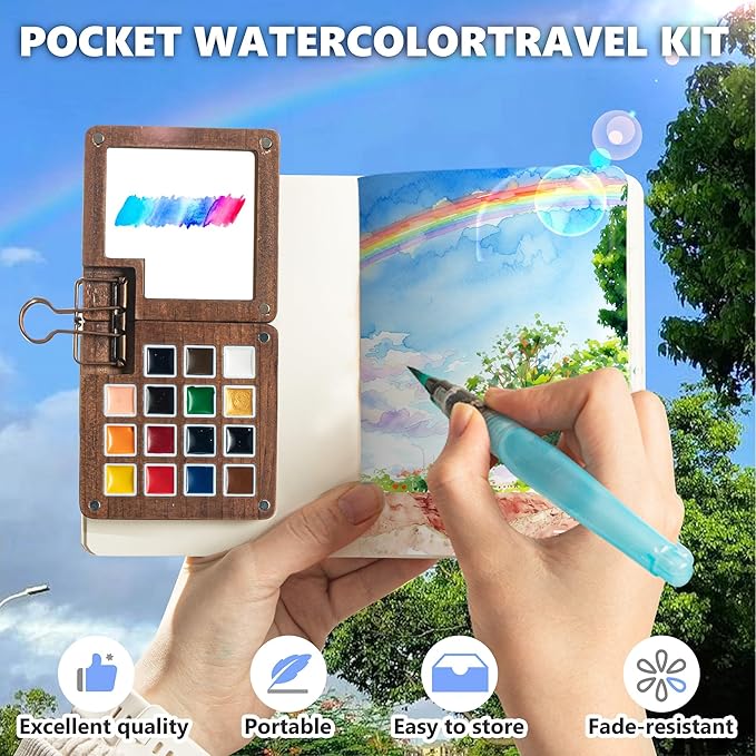 Mini Paint Palette Travel Kit - 15-Colors Pocket Artist Water Color Travel Set with Crossbody Bag, Watercolor Journal, Metal Clip, Paint Water Cup, Water Brush, Wooden Paint Box for Painters Artists