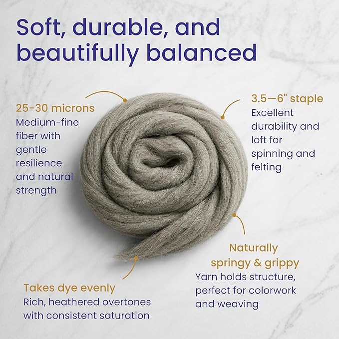 Revolution Fibers Corriedale Wool Roving 1 lb (16 Ounces) for Spinning | Soft Chunky Jumbo Yarn for Arm Knitting Blanket |100% Natural Undyed Wool Yarn Bulk, Felting Core, Carded Stuffing (Gray)