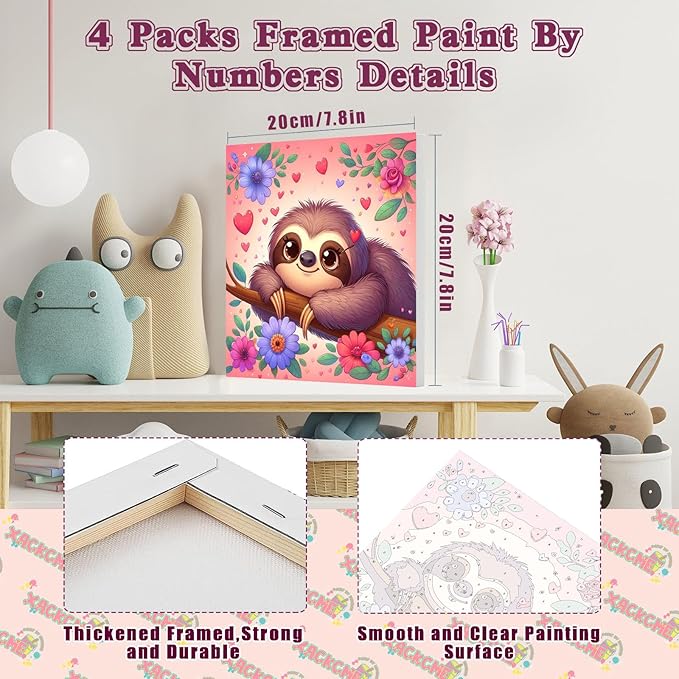 4 Pack Animal Paint by Number for Kids with Wooden Frame, Paint by Numbers for Kids Animals Ages 4-8-12, Easy Sloth Fox Sea Turtle Horse DIY Acrylic Oil Painting Kits for Home Wall Decor (8X8 inch)