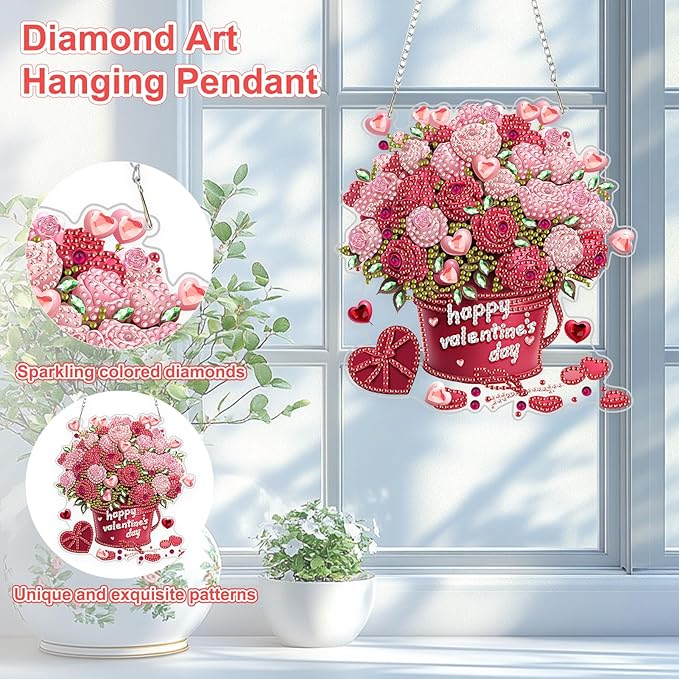 TOSTOG Diamond Art Hanging Kits for Adults, Flower Diamond Painting for Adults Window Pendant, Valentine Special Shape Diamonds Diamond Painting Hanging Pendant Kit for Wall Home Decor Gift