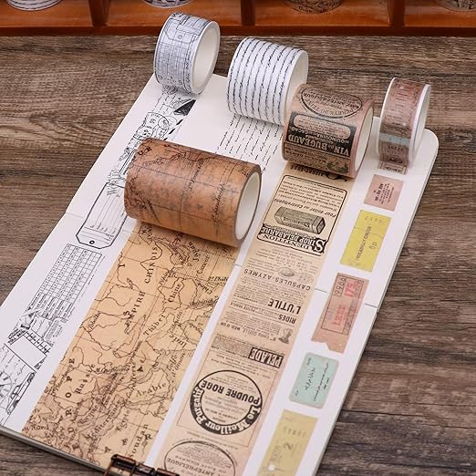 Knaid Vintage Washi Tape Set, Assorted 5 Rolls of Decorative Colored Masking Tapes for Scrapbooking, DIY Decor and Crafts, Bullet Journals, Planners, Junk Journal, Gift Wrapping