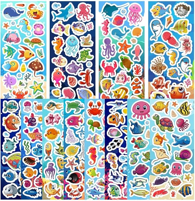 36 sheets ocean stickers for kids, 700+ under the sea fish animal stickers for scrapbooking, water bottles, kids party favors,crafts decorations