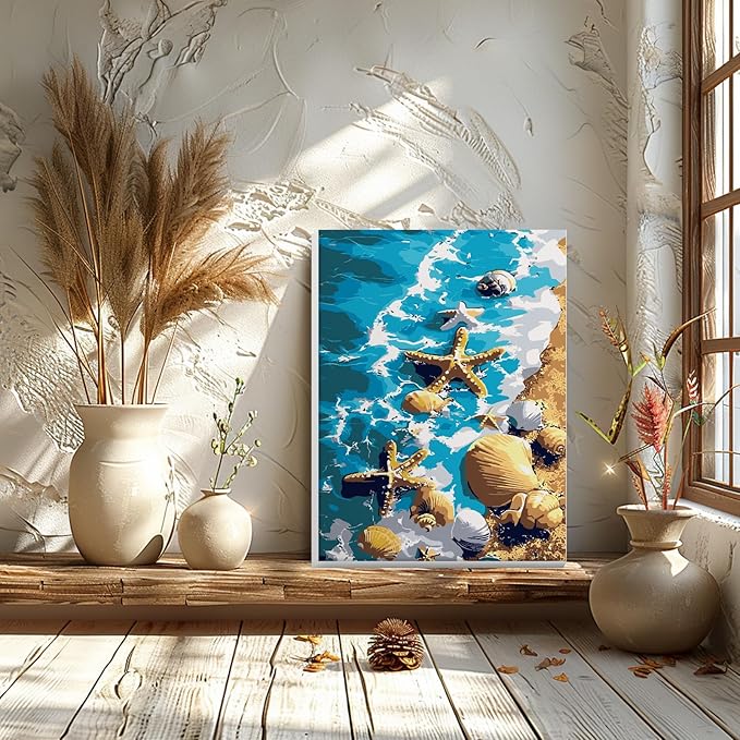GHHKUD Starfish Paint by Numbers with Frame for Adults Beginners, DIY Seaside Landscape Paint by Numbers for Age 6-12, Art on Canvas Gifts Home Wall Decor 8x12in