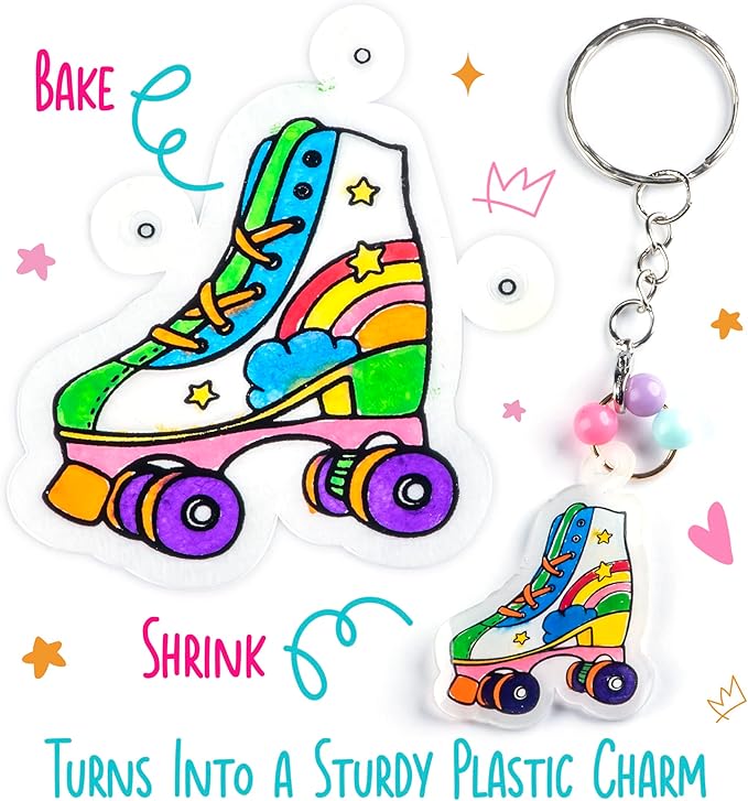 GirlZone Shrink Craft Kit - Pre-Designed Shrink Plastic Sheets & Chalk Pens - DIY Keychain Making Kit & Fridge Magnet Crafts - Screen-Free Kid Art Activity - Ages 8-12, Pre-Designed